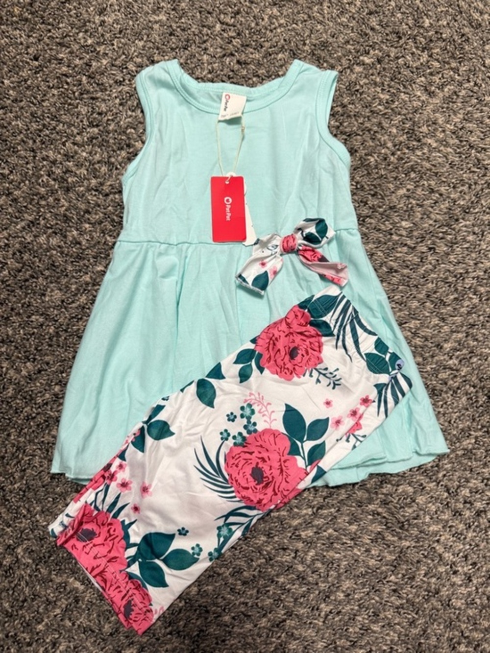 Mint Tank Dress with Pink Floral Leggings and Bow